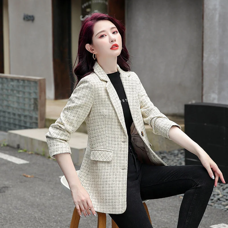 Womens Lattice Turn Collar Fashion Office Lady Long Sleeve 2021 New  Business Chic Casual Comfortable Simple Vintage Jacket