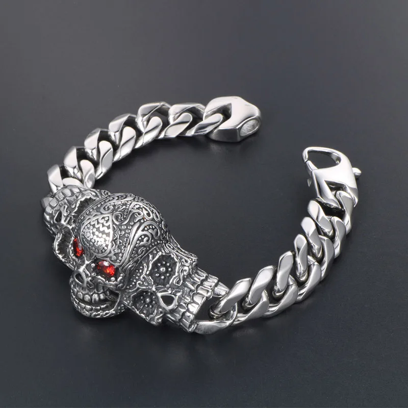 22cm Men's Titanium Steel Big Skull with Red Cubic Zirconia Bracelet Fashion Rock Exaggerated Bracelet