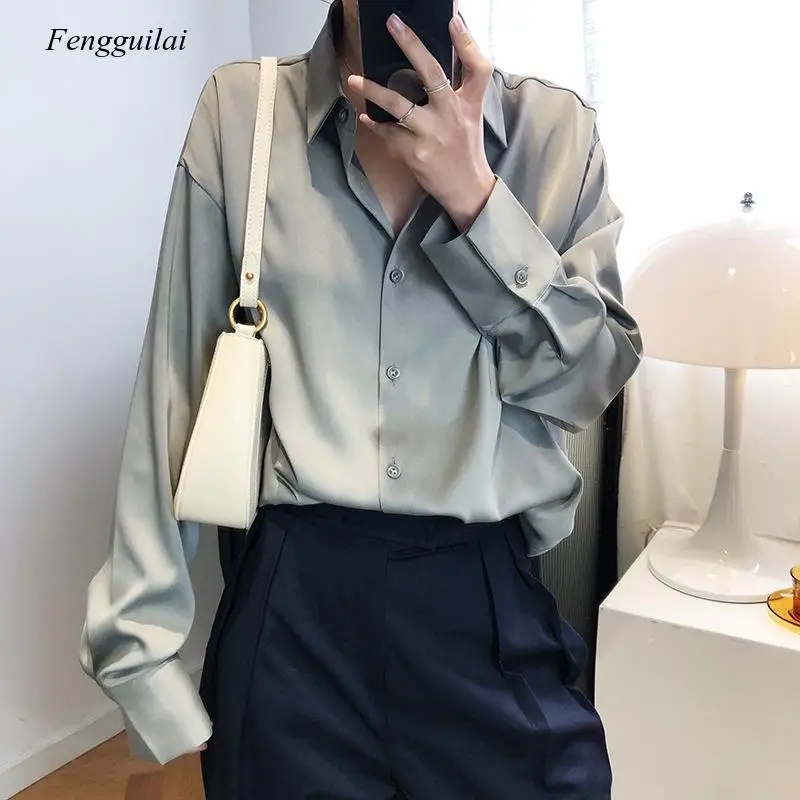 Satin Chiffon Shirt Women's 2021 Spring and Autumn Design Small Group Light Mature Solid Color Silk Top