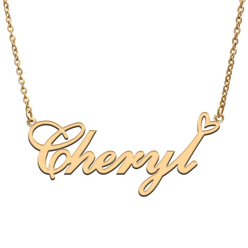 Cheryl with Heart Name Necklace for Women Stainless Steel Nameplate Pendant Jewelry Femme Mother Child Girls Gift