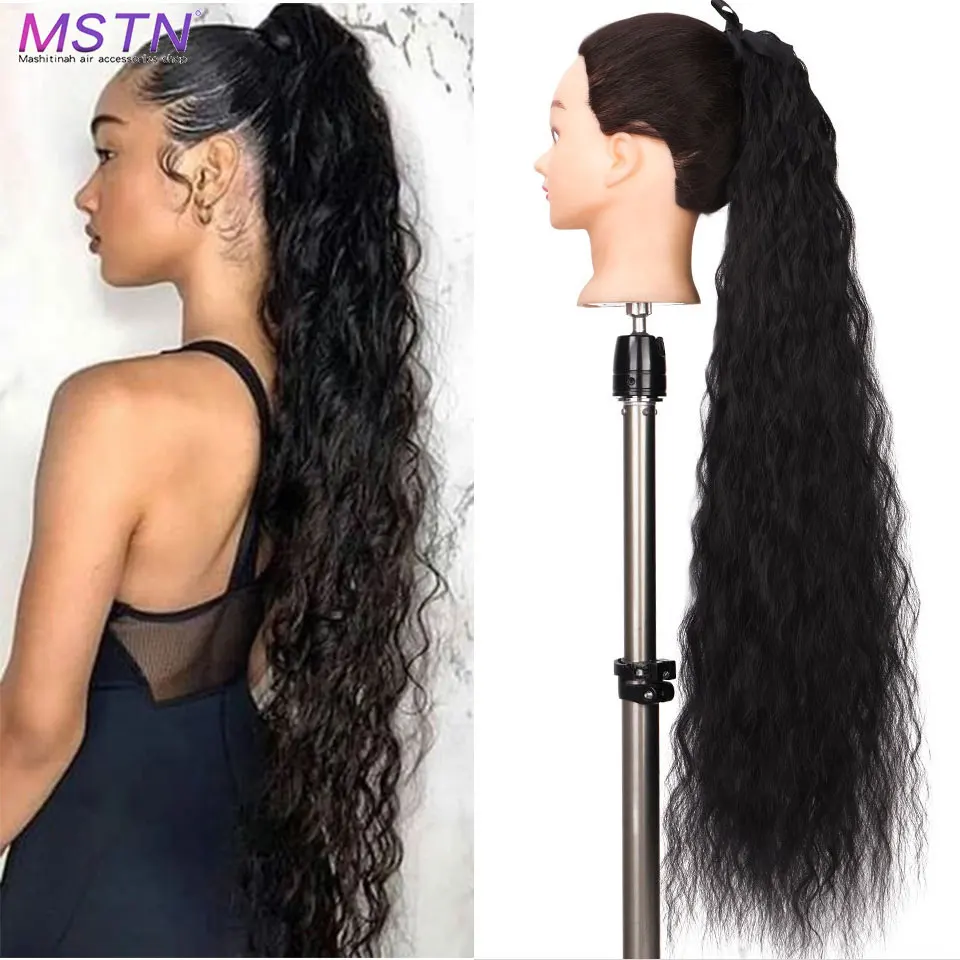 MSTN-extensiones de cabello postizo, pelo sintético rizado de onda larga con Clip en cola de caballo, color rubio y negro, degradado, resistente al