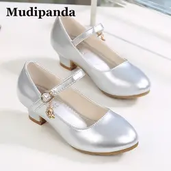 Mudipanda Girl's Pink Leather Shoes Princess Silver Shoe Girls Sandals High Heel Glitter Shiny Rhinestone Enfants Party Shoes