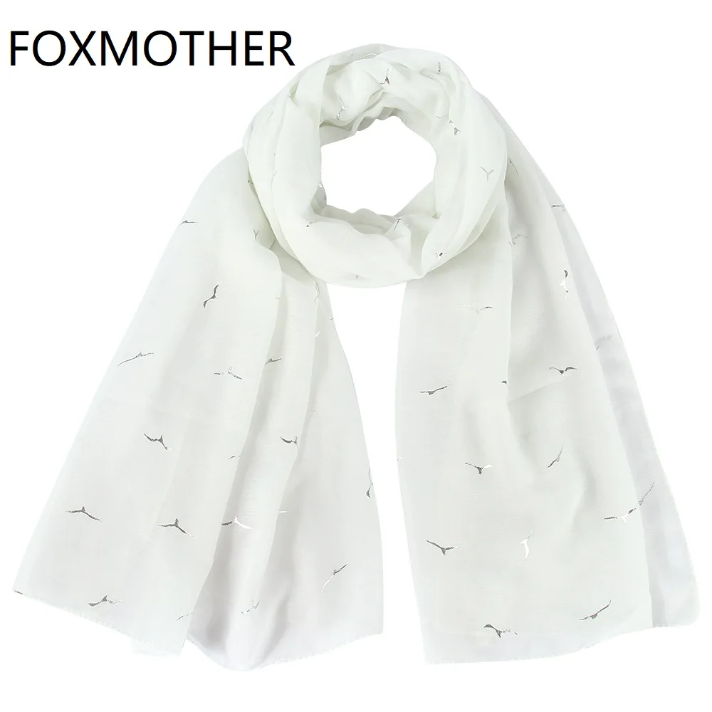 FOXMOTHER New Fashion Spring Summer White Pink Mint Bird Seagull Foil Scarf Glitter Scarves Shawl For Women Ladies