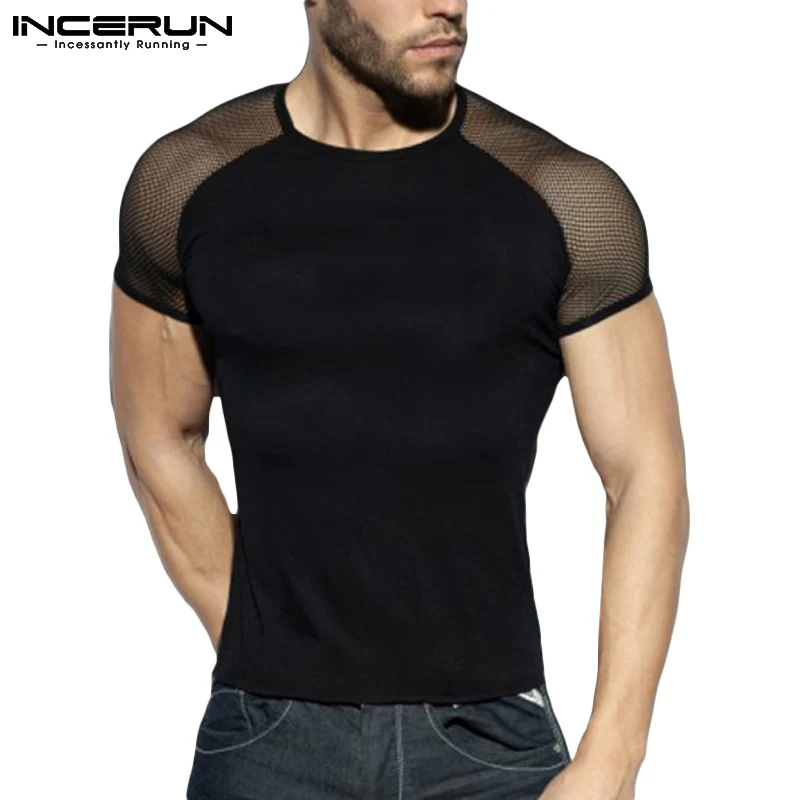 Fashion Men T Shirt Mesh Patchwork Breathable Crew Neck 2023 Short Sleeve Casual Tee Tops Streetwear Sexy Camisetas 5XL INCERUN