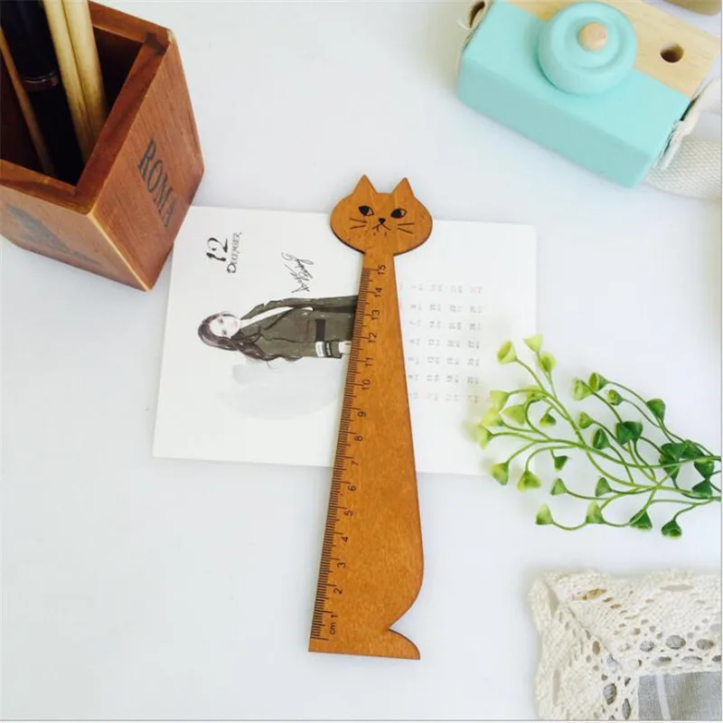 YOUE SCHEEN 1PCS Leuke Kat Modelleren Briefpapier Heerser Houten Briefpapier Heerser Meten Ruler Tool Leren Student Schoolbenodigdheden