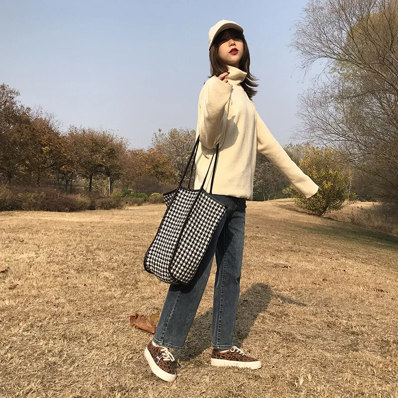 Women Bag Wool Tote Bag Open Pocket Houndstooth Vintage Soft Shoulder Bag Handbag High-Capacity Vintage Women Bag Mori Girl