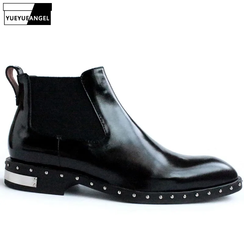 Luxury Genuine Leather Ankle Boots Men Rivet Slip On Elastic Chelsea Boots Winter Pointed Toe Quality Work Shoes Botas Hombre