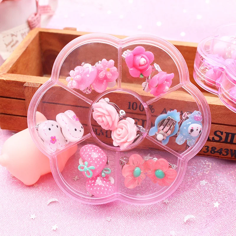 Candy Color Fruit Shape Cute Children\'s Baby Girl Earrings kids Ear Clip no Pierced Party Lovely Jewelry Gift 7 Pairs Mix In Box