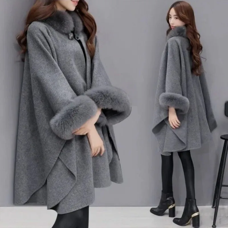 Winter Fake Fur Coat Women\'s Poncho Jacket Ladies Bat Sleeve Warm Cape Overcoat Long Cloak Outwear Casual Shawl Female New