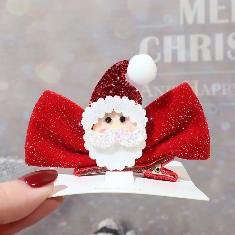 20pcs Red Velvet Bow Hairpins Glitter Reindeer Santa Tree Bowknot Hair Clips Xmas New Year Headwear Girls Hair Accessories