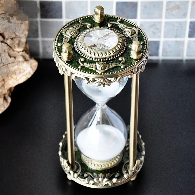 Vintage metal Inlaid crystal hourglass 30 minutes timer creative ornament home decoration