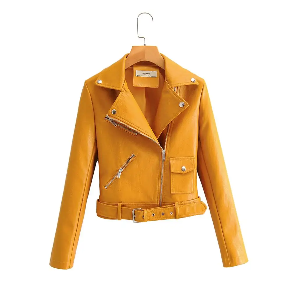 

Hot Arrival Chic Winter Autumn Green Motorcycle Leather Jackets Yellow Leather Jacket Women Leather Coat Slim PU Jacket Leather
