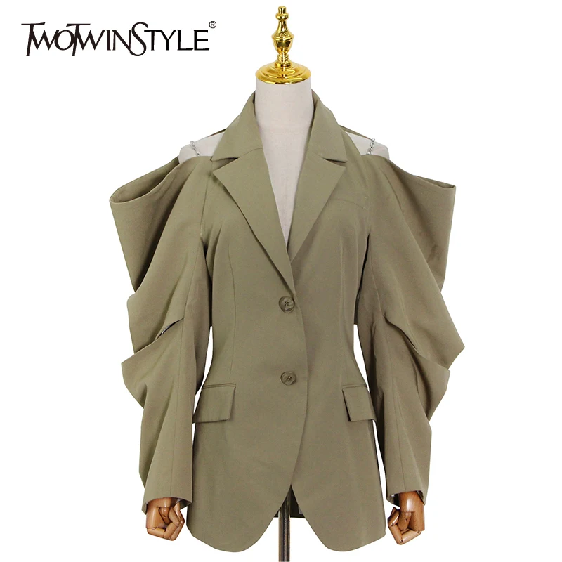 TWOTWINSTYLE Solid Fold Pleated Women Coat Notched Long Sleeve Gathered Waist Cut Out Women\'s Blazer 2022 Fashion Clothing New