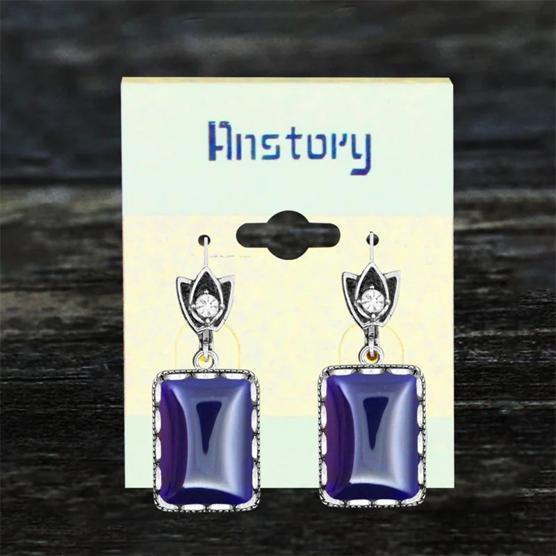 Vintage Square Transparent Crystal Set For Women Anstique Silver Plated Flower Pendant Necklace Earring Jewelry Set
