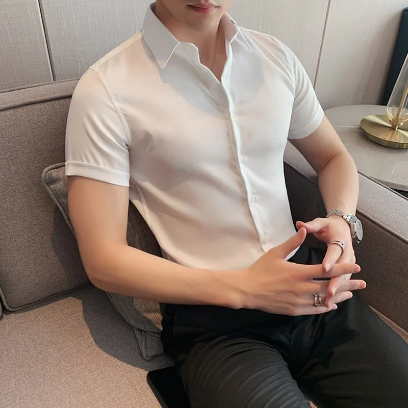 Mens Shirt Slim Short Sleeve 2022 Summer New Vintage Korean Style Turn-Down Collar Single Breasted Fashion Casual Blouse