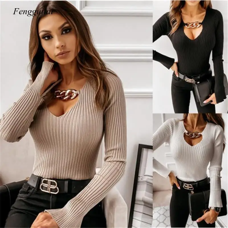 Sexy V-Neck Striped Sweater Slim Basic Black Winter Long Sleeve Lady Pullover Nightclub Fashion Women's Sweater 2020