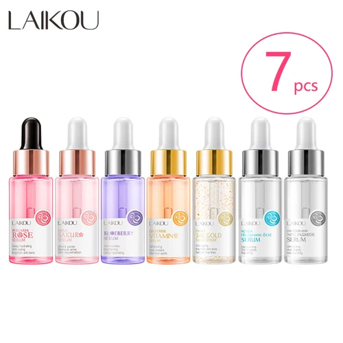 LAIKOU 7 botellas 24K oro Caracol Sakura ácido hylurónico vitamina C nicotinamida suero de arándanos rosas esencias faciales esenciales japonesas