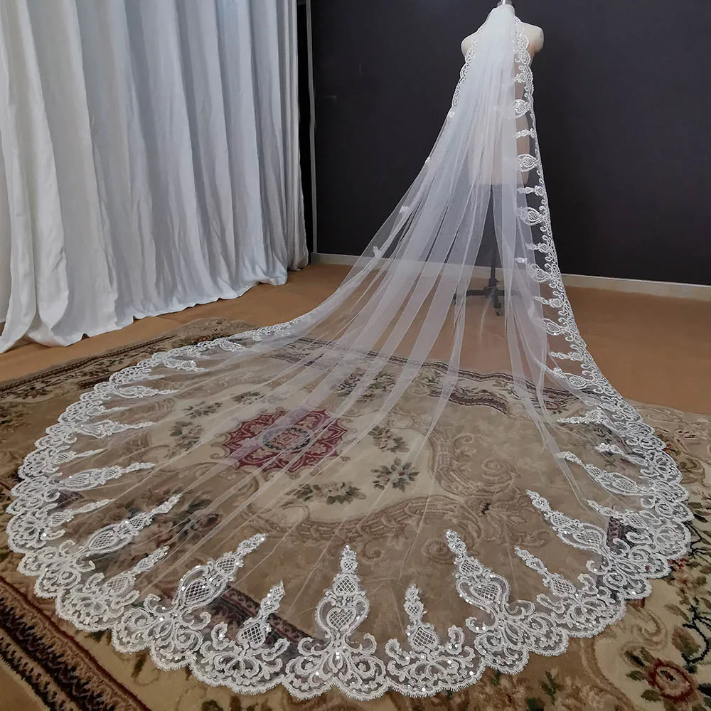 Bling Lace Long Bridal Veil com pente, Catedral Branco Marfim Acessórios Do Casamento, 3 Metros, 1 Camada