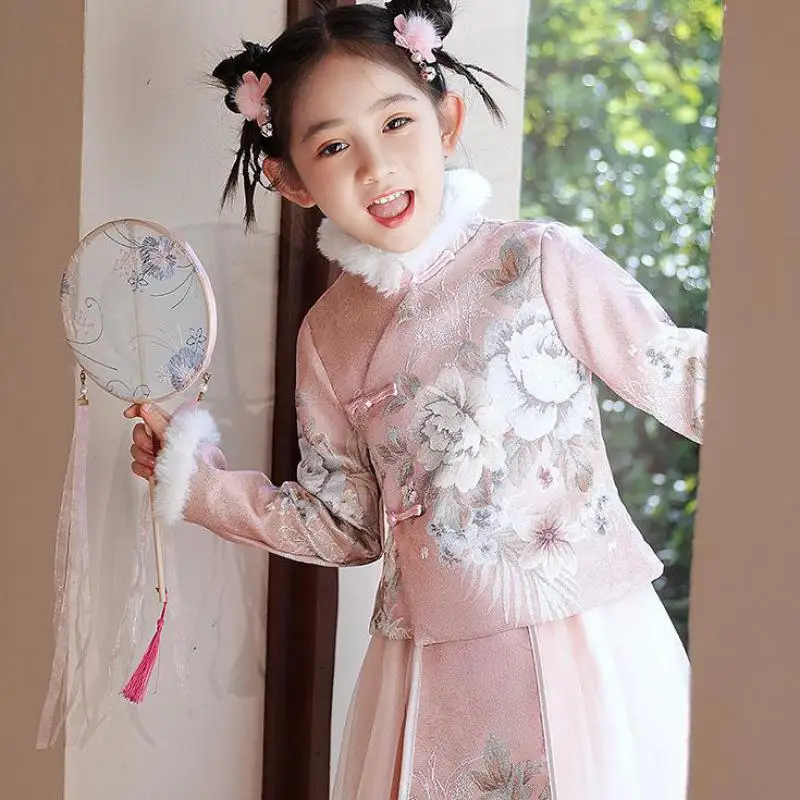 Traje Hanfu grueso de estilo chino para niñas, Vestido de princesa de felicitación de Año Nuevo, Cheongsam para fiesta y actuación de noche, Invierno