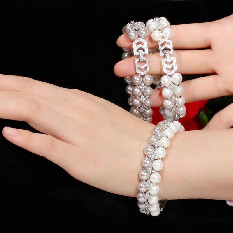 CWWZircons Elegant Fashion Silver Color Big Wide Gray Pearl Bracelets with Cubic Zirconia Women Wedding Party Jewelry Gift CB201