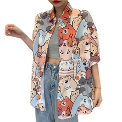 Summer Women Street Fashion Turn Down Collar Half Sleeve Shirt Blouse Cute Full Cat Print Loose Casual Blosues Kawaii Tops