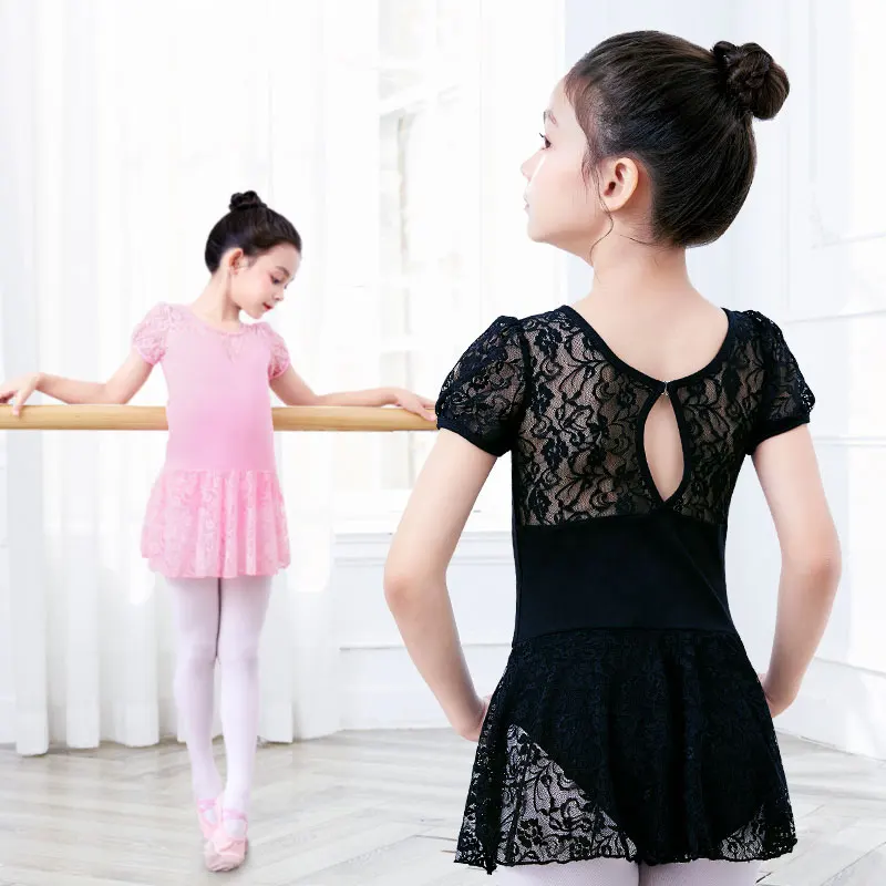 Girls Ballet Leotard Dress Lace Splice Puffy Sleeve Ballet Dress Lycra Cotton Dress With Lace Skirt For Girls Bodysuit