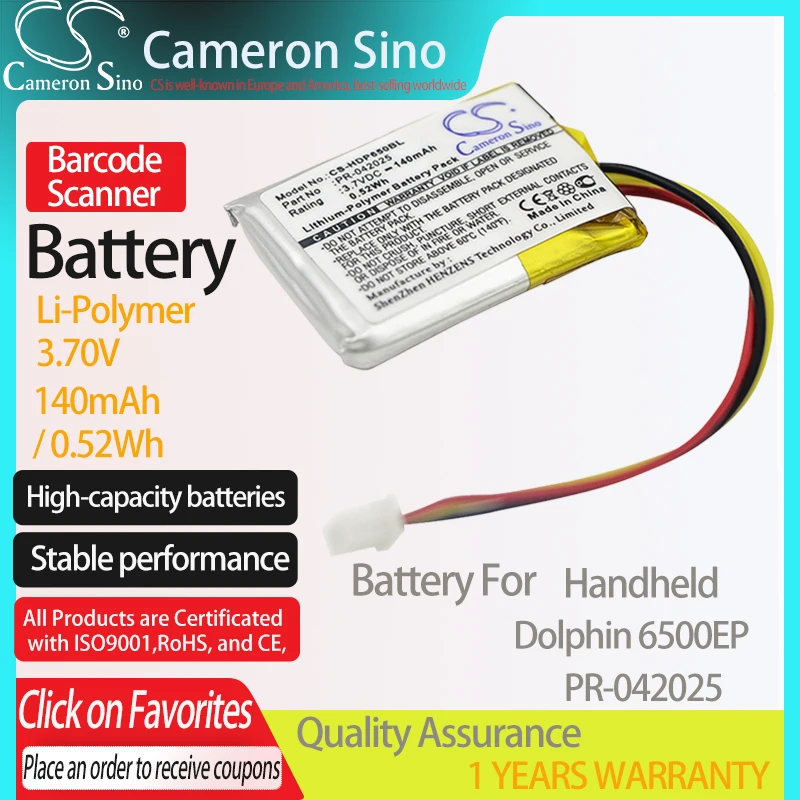 CameronSino Battery for Handheld Dolphin 6500EP fits Dolphin PR-042025 Barcode Scanner battery 140mAh/0.52Wh 3.70V Li-Polymer