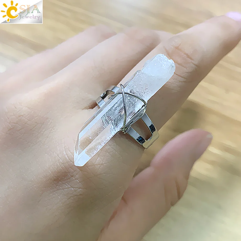 CSJA Women Ring Natural Stone Irregular Crystal Silver Color Wire Wrapped Adjustable Open Rings Reiki Fashion Jewelry Party G559
