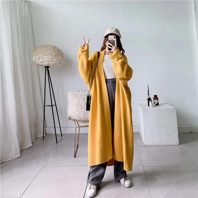 [ZAYAU]Autumn and Winter Relaxed Lazy Wind Long over Knee Thick Line Alpaca Cashmere Knitted Cardigan Thickened Large Size Coat