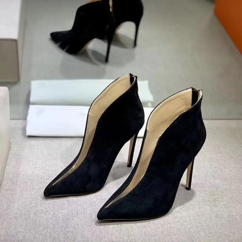 2021 Autumn Ankle Boots Women Pvc Transparent Splicing V-shaped Mouth Pointed High Heel Thin Heels Shoes Pumps Suede Short Boots