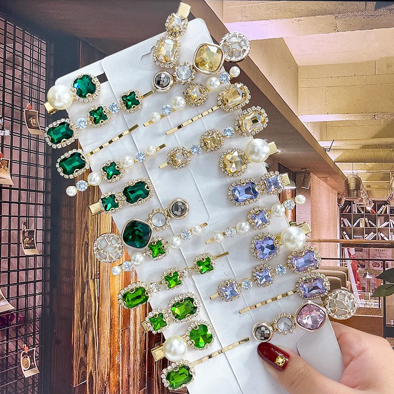 1 zestaw moda kryształowe spinki do włosów biżuteria dla kobiet akcesoria do włosów dziewczyny luksusowe perła geometryczna Barrettes Pins Christmas Gift