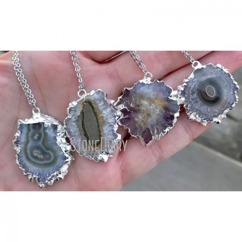 NM36597 Silver Plated Amethyst Stalactite Pendant Necklace Boho Freeform Purple Solar Druzy Amethyst Minimalist Necklace