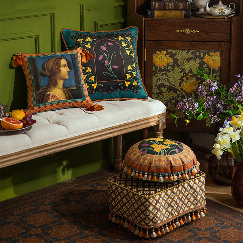 Vintage Colorful Cushion Cover,Light Luxury Velvet Tassel Pillowcase,Cute Home Decoration,Italy Renaissance Art Muse Print,45cm