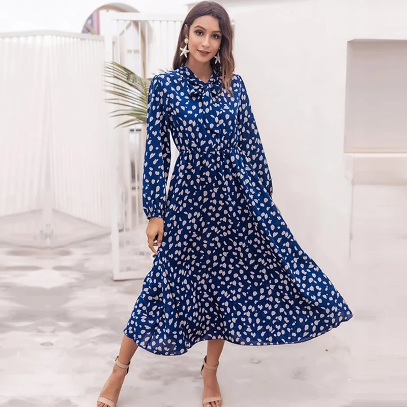 

Women's Bow Collar Long Sleeve Casual Long Printed Dresses Ladies Nice New Spring Summer Fashion a Line High Waist Dress Female