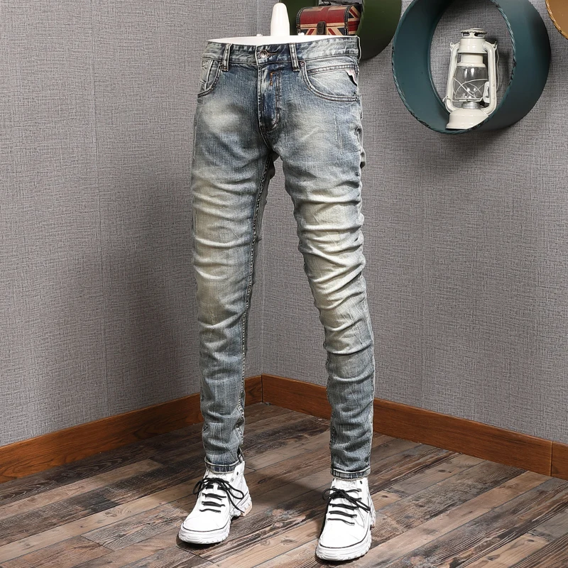 

Vintage Jeans Men Streetwear Casual Slim Fit Straight Pants Retro Blue Cotton Denim Trousers