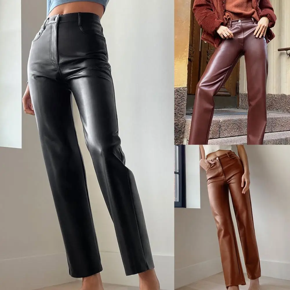 Lady Pants Solid Color Faux Feather Vintage High Waist Smooth Straight Leg Pants for Daily Wear