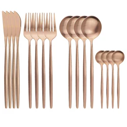 16Pcs Rose Gold Cutlery Set Knife Fork Coffee Spoons Dinnerware Set Stainless Steel Tableware Set Western Kitchen Silverware Set