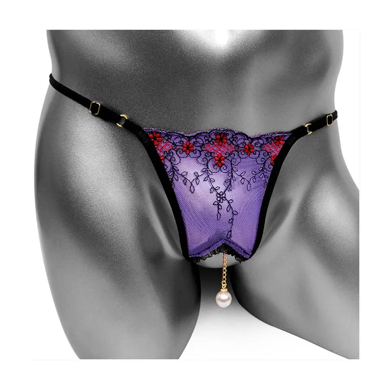 Floral Sissy Panties With Open Crotch Purple Color Low Rise Sexy Lingerie Thong Underwear for Men Gay Bottom G Strings See Thru