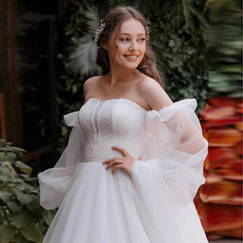 Gaun pernikahan tanpa tali putri 2024 Puff lengan panjang Off Shoulder Court Train Vestido De Noiva Organza gaun pengantin sederhana