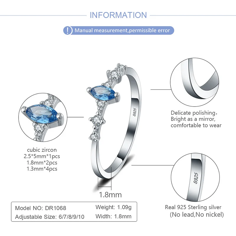 CLUCI Genuine 925 Sterling Silver AAA Blue Mixed White Zircon Rhombus Finger Ring for Women Jewelry Girls Rings DR1068SB