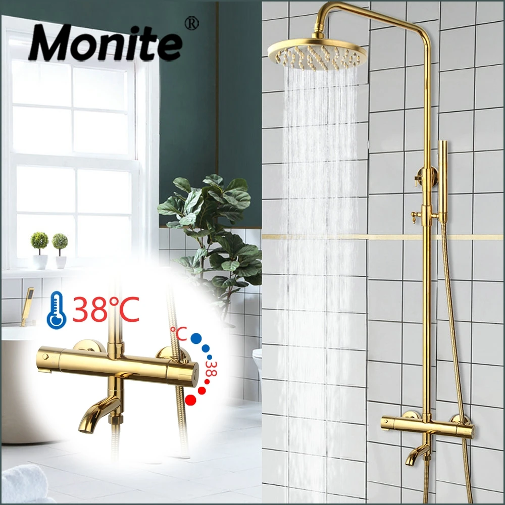 

Monite Gold Plated Shower Set Thermostatic Bathroom Shower System Constant Temperature Bathtub Square Rainfall Tap Shower Faucet