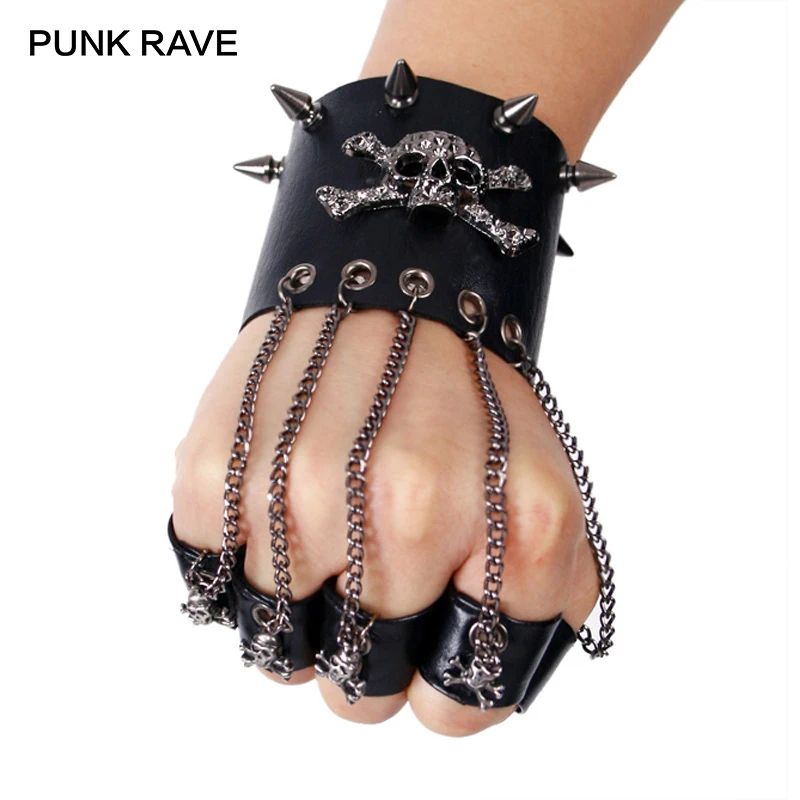 PUNK RAVE Rock Style Women Skull Spike Glove Gothic Female Bracelet Black Steampunk PU Leather  Cuff-One  Cool