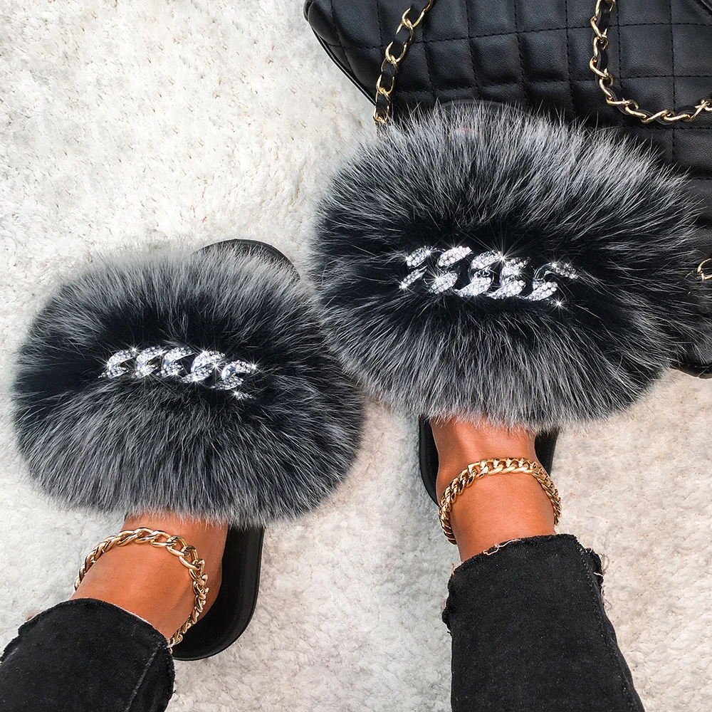 Real Fox Fur Slippers For Women Diamond Chain Furry Fur Slides Fluffy Flip Flops House Plush Beach Flat Slippers Summer Sandals