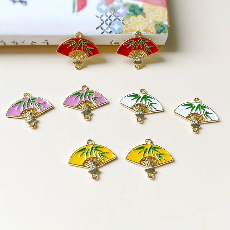 New style 40pcs/lot alloy drop oil Bamboo leaves pattern cartoo fan shape floating locket charms diy jewelry accessory