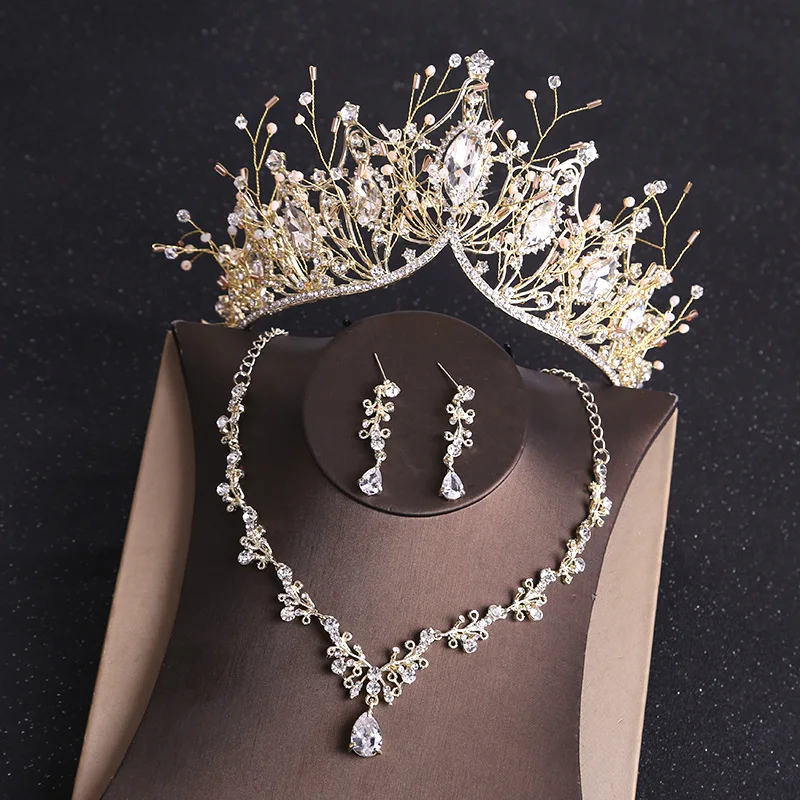 

KMVEXO Costume Bridal Jewelry Sets Rhinestone Crystal Gold Color Tiara Crown Earrings Necklace Wedding Bride Luxury Jewelry Set