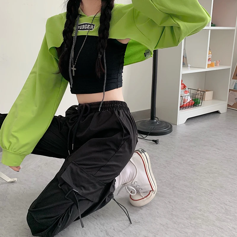 Harajuku Hoodies Women School Students Kpop Hooded Green Crop Top Fashionable Elastic Japanese Style Chic Sweatshirt New