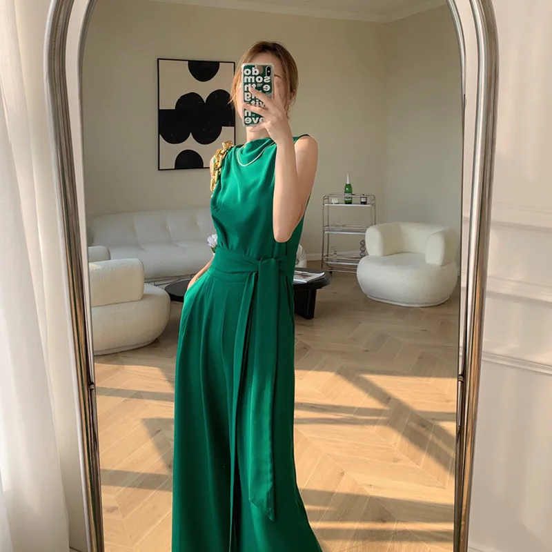 Summer Elegant Woman Jumpsuit Green Outfit Sleeveless Bandage High Waist Wide Leg Pants Rompers Playsuits Female Overalls