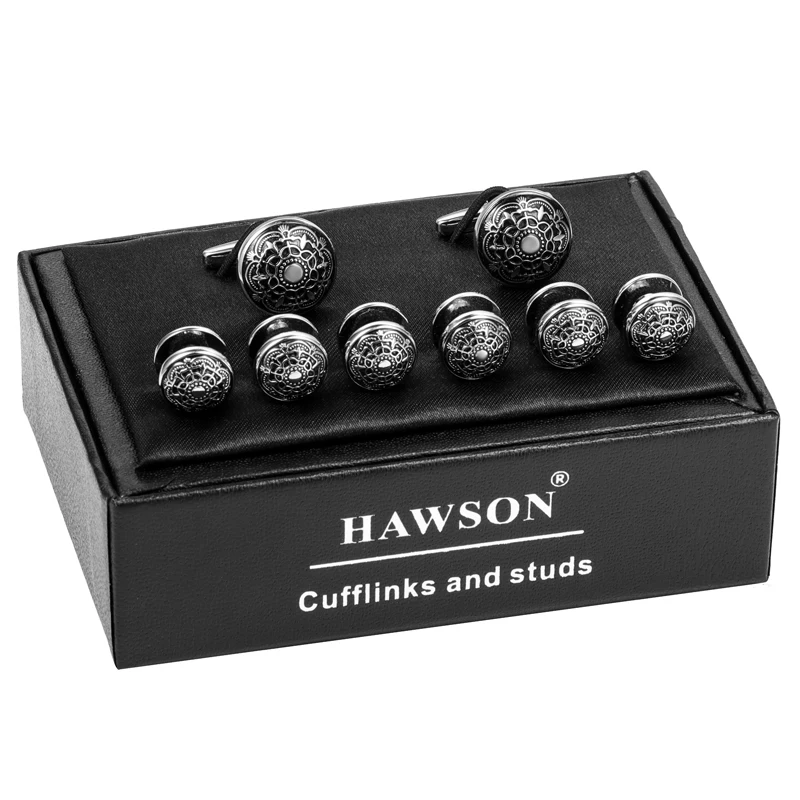 HAWSON Tuxedo Shirt Cufflink Studs Retro Flower Engraved&Black Enamel- Best Wedding Busines Cufflinks For Mens Gifts