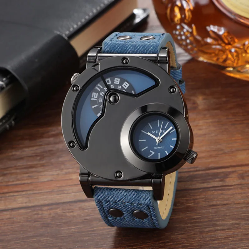 Fashion Blue Watches Men Sports Watches 2 Time Zone Blue Canvas Leather Strap Quartz Wristwatches Men Relogio Masculino 2021