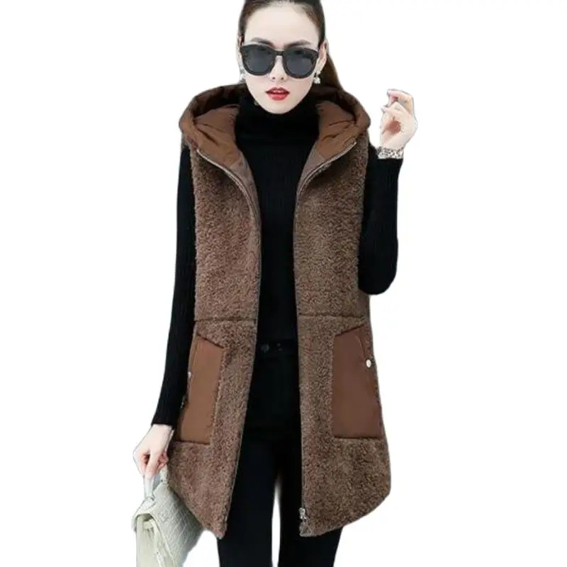 

Imitate Lambswool Ladies Vest Coat New Autumn Winter Loose Hooded Outside Take Middle Length Payment Thicken Female Vest Jacket